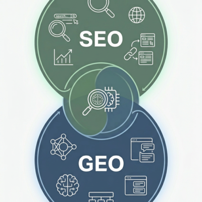 Illustration af GEO optimering og SEO optimering som en fælles indsats